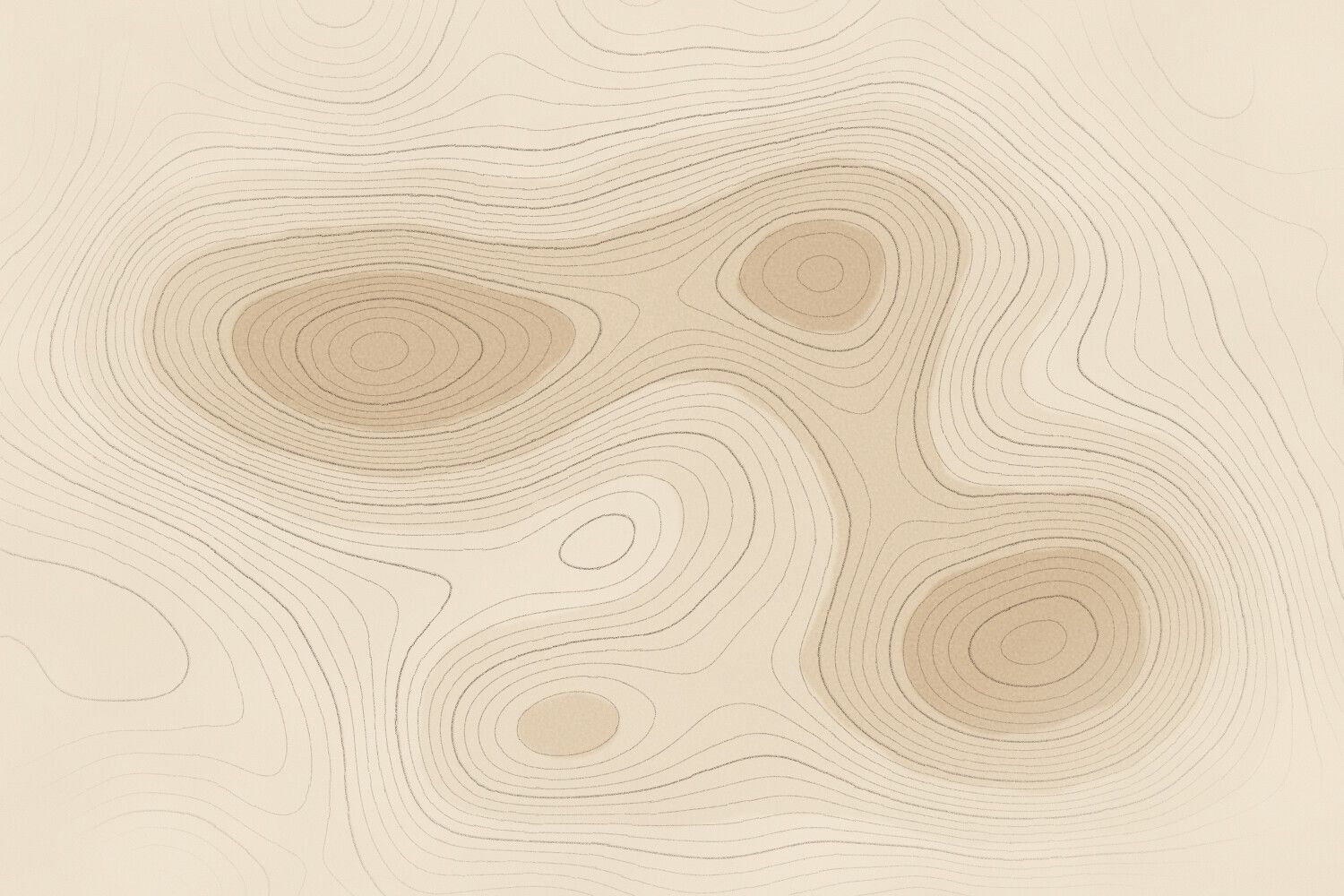 Mapa topográfico dibujado a lápiz con aguadas sepia: las curvas de nivel siguen el relieve de varias colinas